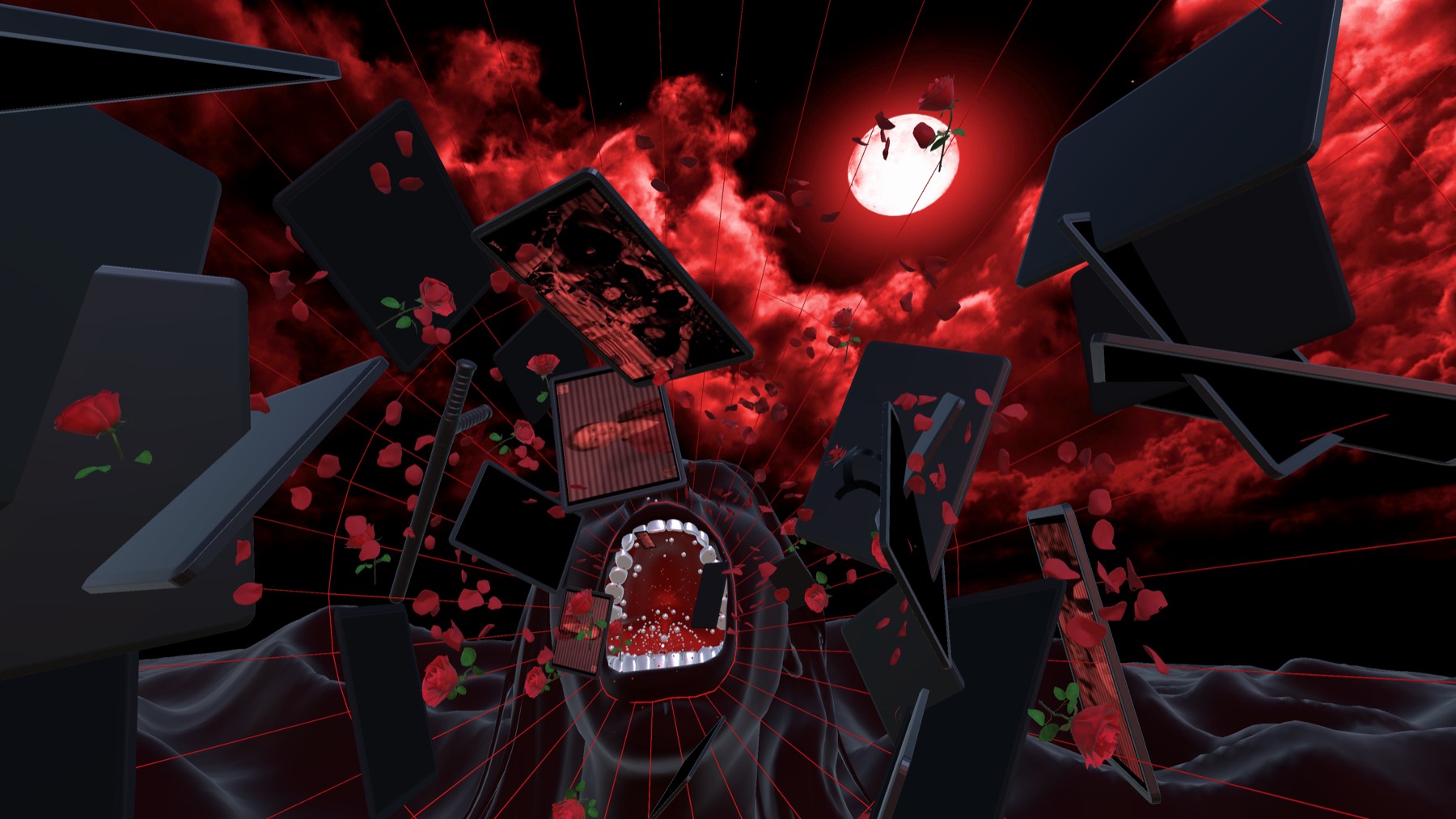 The screens swarm under a red moon