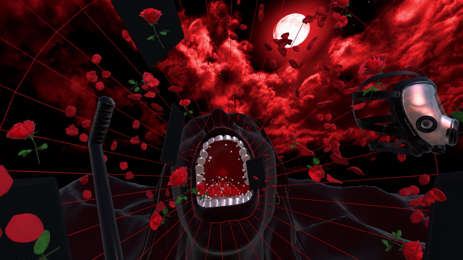 The mouth — Act I in-world, roses and red moon