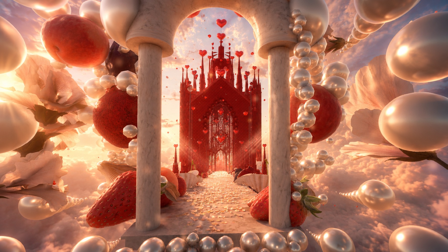 The red cathedral seen through the pearl colonnade